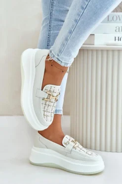 New Skórzane Mokasyny Damskie Na Platformie Ze Złotą Ozdobą Vinceza 89105 Jasnobeżowe Damskie Loafersy Damskie