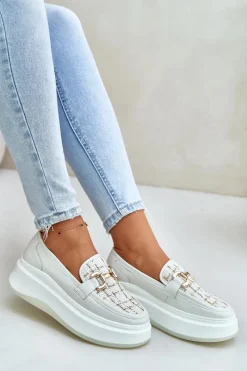 New Skórzane Mokasyny Damskie Na Platformie Ze Złotą Ozdobą Vinceza 89105 Jasnobeżowe Damskie Loafersy Damskie