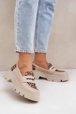 New Zazoo Skórzane Mokasyny Damskie Na Platformie I Płaskim Obcasie Panterka 20191 Jasnobeżowe Beżowy