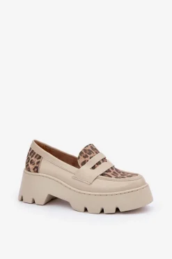 New Zazoo Skórzane Mokasyny Damskie Na Platformie I Płaskim Obcasie Panterka 20191 Jasnobeżowe Beżowy
