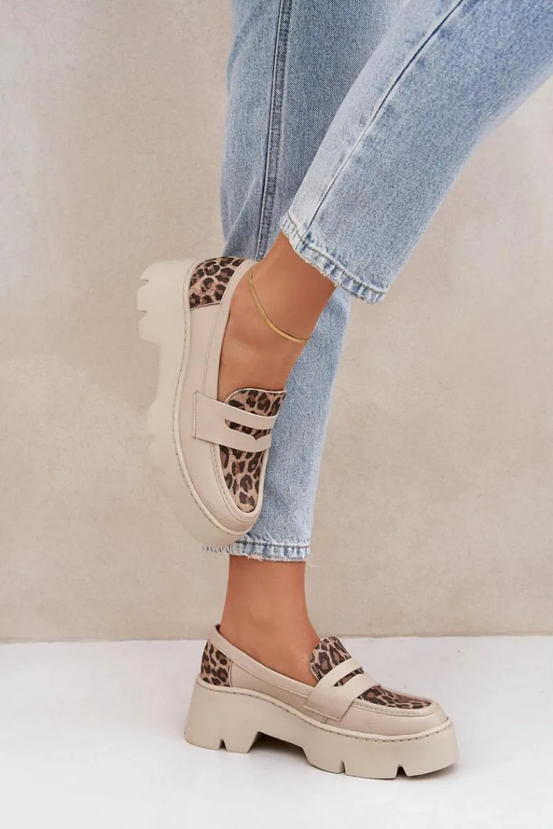 New Zazoo Skórzane Mokasyny Damskie Na Platformie I Płaskim Obcasie Panterka 20191 Jasnobeżowe Beżowy