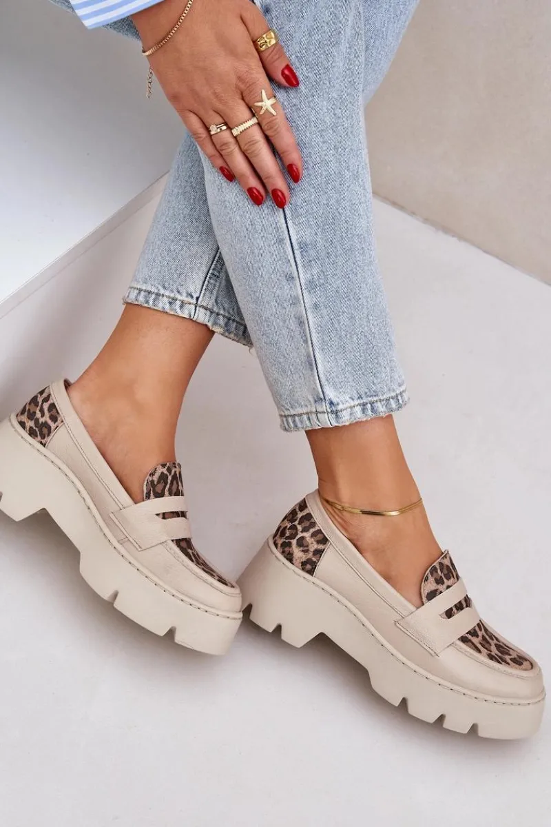 New Zazoo Skórzane Mokasyny Damskie Na Platformie I Płaskim Obcasie Panterka 20191 Jasnobeżowe Beżowy