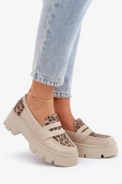 New Zazoo Skórzane Mokasyny Damskie Na Platformie I Płaskim Obcasie Panterka 20191 Jasnobeżowe Beżowy