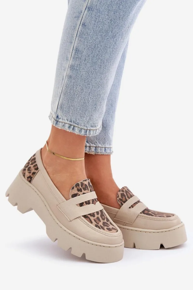 New Zazoo Skórzane Mokasyny Damskie Na Platformie I Płaskim Obcasie Panterka 20191 Jasnobeżowe Beżowy