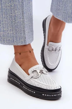 Outlet Damskie buty S.Barski Skórzane Mokasyny Damskie Na Platformie Z Ozdobą S.Barski LR750 Białe Biały