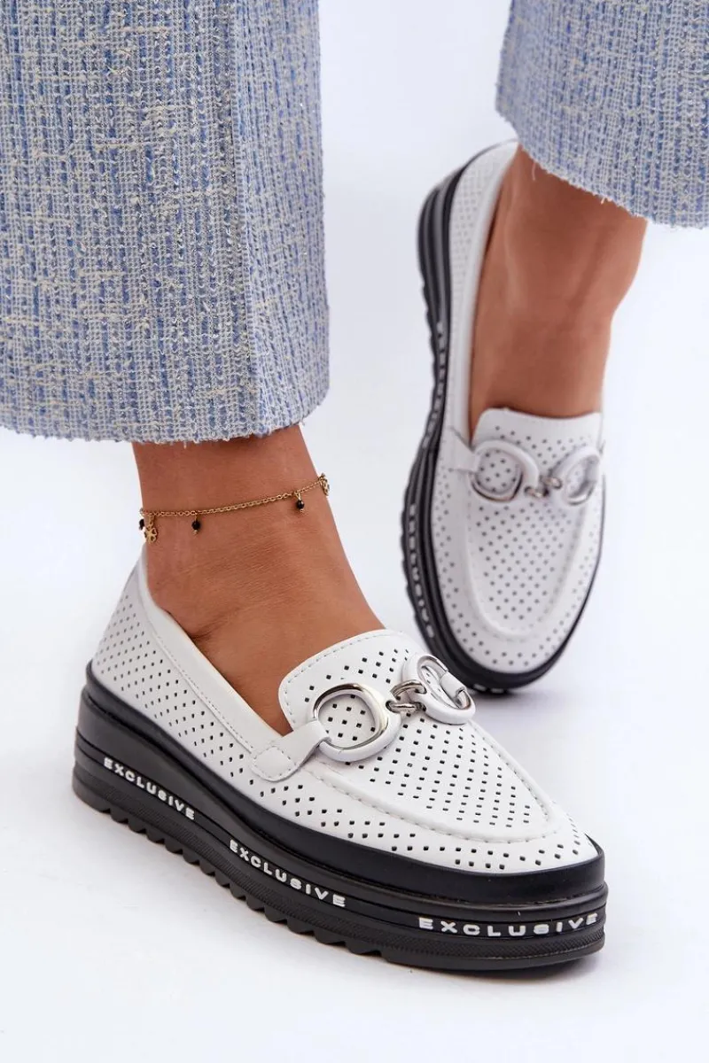 Outlet Damskie buty S.Barski Skórzane Mokasyny Damskie Na Platformie Z Ozdobą S.Barski LR750 Białe Biały