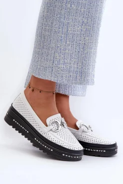 Outlet Damskie buty S.Barski Skórzane Mokasyny Damskie Na Platformie Z Ozdobą S.Barski LR750 Białe Biały