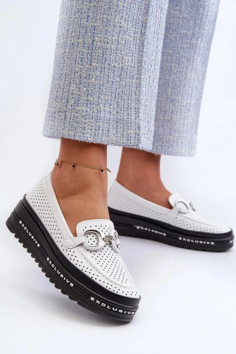 Outlet Damskie buty S.Barski Skórzane Mokasyny Damskie Na Platformie Z Ozdobą S.Barski LR750 Białe Biały