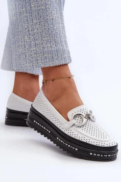 Outlet Damskie buty S.Barski Skórzane Mokasyny Damskie Na Platformie Z Ozdobą S.Barski LR750 Białe Biały