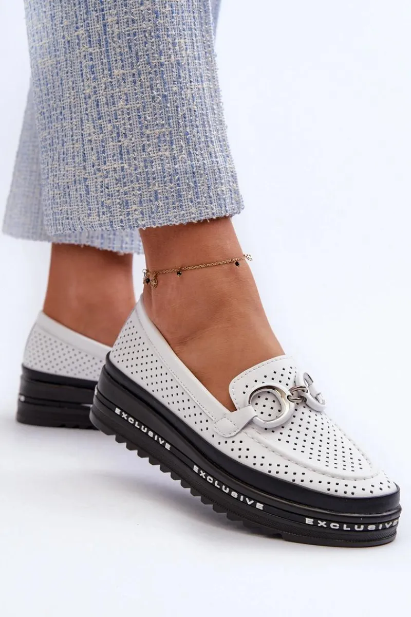 Outlet Damskie buty S.Barski Skórzane Mokasyny Damskie Na Platformie Z Ozdobą S.Barski LR750 Białe Biały