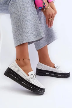 Outlet Damskie buty S.Barski Skórzane Mokasyny Damskie Na Platformie Z Ozdobą S.Barski LR750 Białe Biały