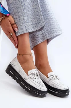 Outlet Damskie buty S.Barski Skórzane Mokasyny Damskie Na Platformie Z Ozdobą S.Barski LR750 Białe Biały