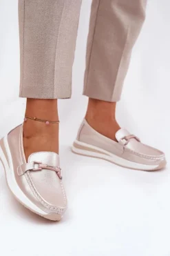 Online Skórzane Mokasyny Damskie S.Barski GR51-598 Perłowy Róż Damskie Mokasyny Damskie Skórzane|Mokasyny Na Platformie