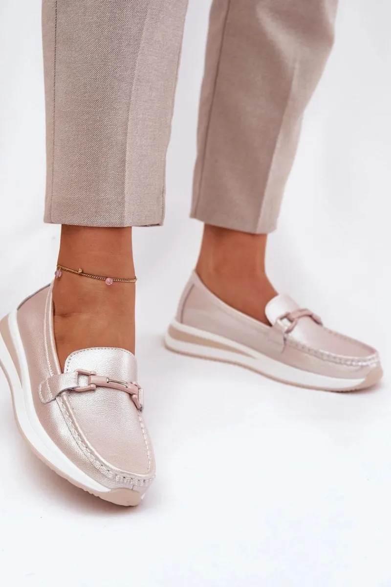 Online Skórzane Mokasyny Damskie S.Barski GR51-598 Perłowy Róż Damskie Mokasyny Damskie Skórzane|Mokasyny Na Platformie