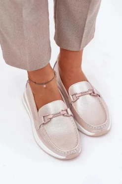 Online Skórzane Mokasyny Damskie S.Barski GR51-598 Perłowy Róż Damskie Mokasyny Damskie Skórzane|Mokasyny Na Platformie