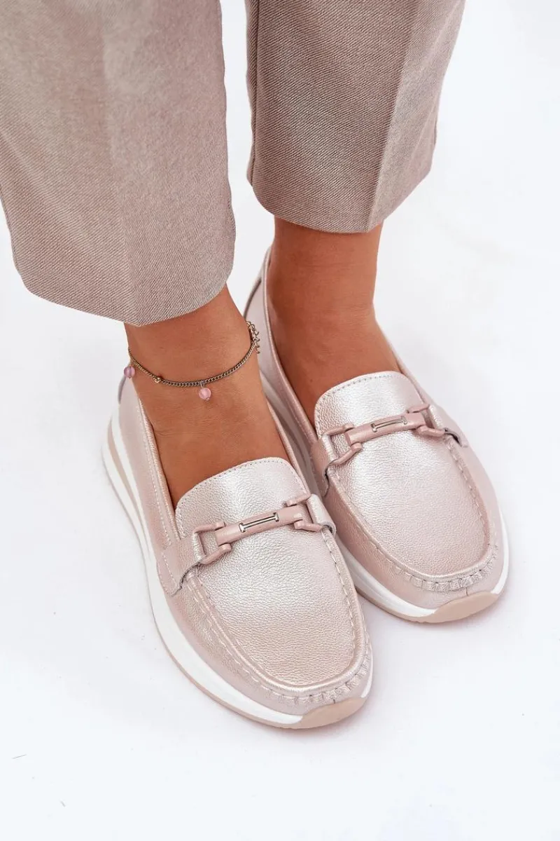 Online Skórzane Mokasyny Damskie S.Barski GR51-598 Perłowy Róż Damskie Mokasyny Damskie Skórzane|Mokasyny Na Platformie