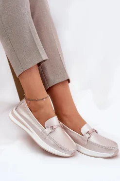 Online Skórzane Mokasyny Damskie S.Barski GR51-598 Perłowy Róż Damskie Mokasyny Damskie Skórzane|Mokasyny Na Platformie