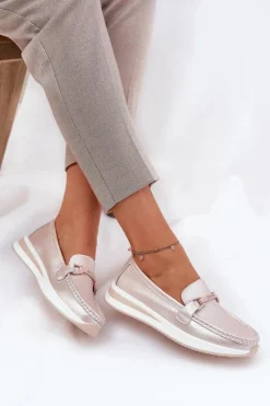 Online Skórzane Mokasyny Damskie S.Barski GR51-598 Perłowy Róż Damskie Mokasyny Damskie Skórzane|Mokasyny Na Platformie