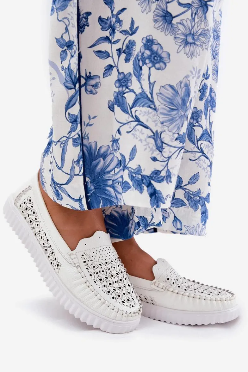 Outlet Buty damskie Vinceza Skórzane Mokasyny Damskie Z Ażurowym Wzorem Vinceza 88028 Białe Biały
