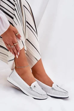 Outlet Skórzane Mokasyny Damskie S.Barski LR51-673 Białe Damskie Loafersy Damskie|Mokasyny Damskie Skórzane