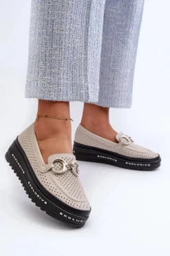 Discount Skórzane Mokasyny Damskie Na Platformie Z Ozdobą S.Barski LR750 Beżowe Damskie Loafersy Damskie|Mokasyny Damskie Skórzane