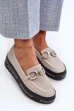 Discount Skórzane Mokasyny Damskie Na Platformie Z Ozdobą S.Barski LR750 Beżowe Damskie Loafersy Damskie|Mokasyny Damskie Skórzane