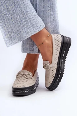 Discount Skórzane Mokasyny Damskie Na Platformie Z Ozdobą S.Barski LR750 Beżowe Damskie Loafersy Damskie|Mokasyny Damskie Skórzane