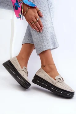 Discount Skórzane Mokasyny Damskie Na Platformie Z Ozdobą S.Barski LR750 Beżowe Damskie Loafersy Damskie|Mokasyny Damskie Skórzane