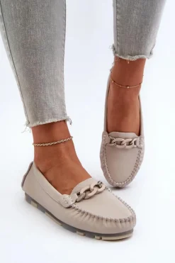 Hot Skórzane Mokasyny Damskie Z Ozdobą Beżowe S.Barski LR339 Damskie Loafersy Damskie|Mokasyny Damskie Skórzane