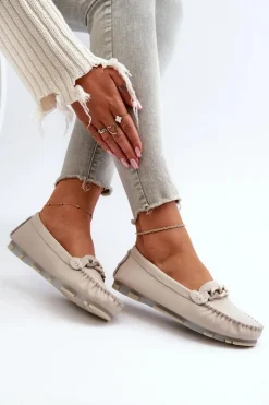 Hot Skórzane Mokasyny Damskie Z Ozdobą Beżowe S.Barski LR339 Damskie Loafersy Damskie|Mokasyny Damskie Skórzane