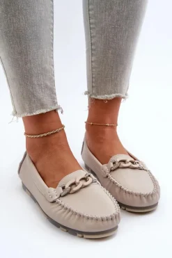 Hot Skórzane Mokasyny Damskie Z Ozdobą Beżowe S.Barski LR339 Damskie Loafersy Damskie|Mokasyny Damskie Skórzane