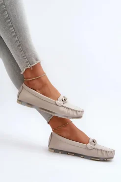 Hot Skórzane Mokasyny Damskie Z Ozdobą Beżowe S.Barski LR339 Damskie Loafersy Damskie|Mokasyny Damskie Skórzane