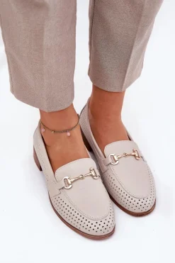 Best Skórzane Mokasyny Damskie Z Ozdobą Na Płaskim Obcasie S.Barski LR51-588 Beżowe Damskie Mokasyny Płaskie|Mokasyny Damskie Skórzane