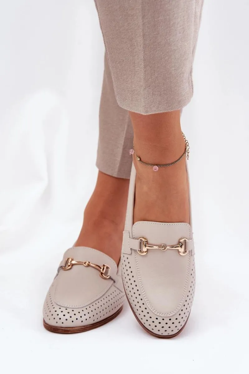 Best Skórzane Mokasyny Damskie Z Ozdobą Na Płaskim Obcasie S.Barski LR51-588 Beżowe Damskie Mokasyny Płaskie|Mokasyny Damskie Skórzane