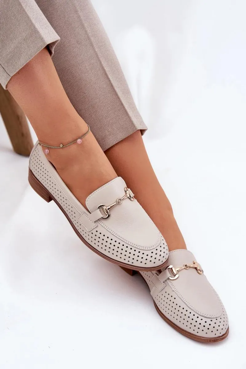 Best Skórzane Mokasyny Damskie Z Ozdobą Na Płaskim Obcasie S.Barski LR51-588 Beżowe Damskie Mokasyny Płaskie|Mokasyny Damskie Skórzane