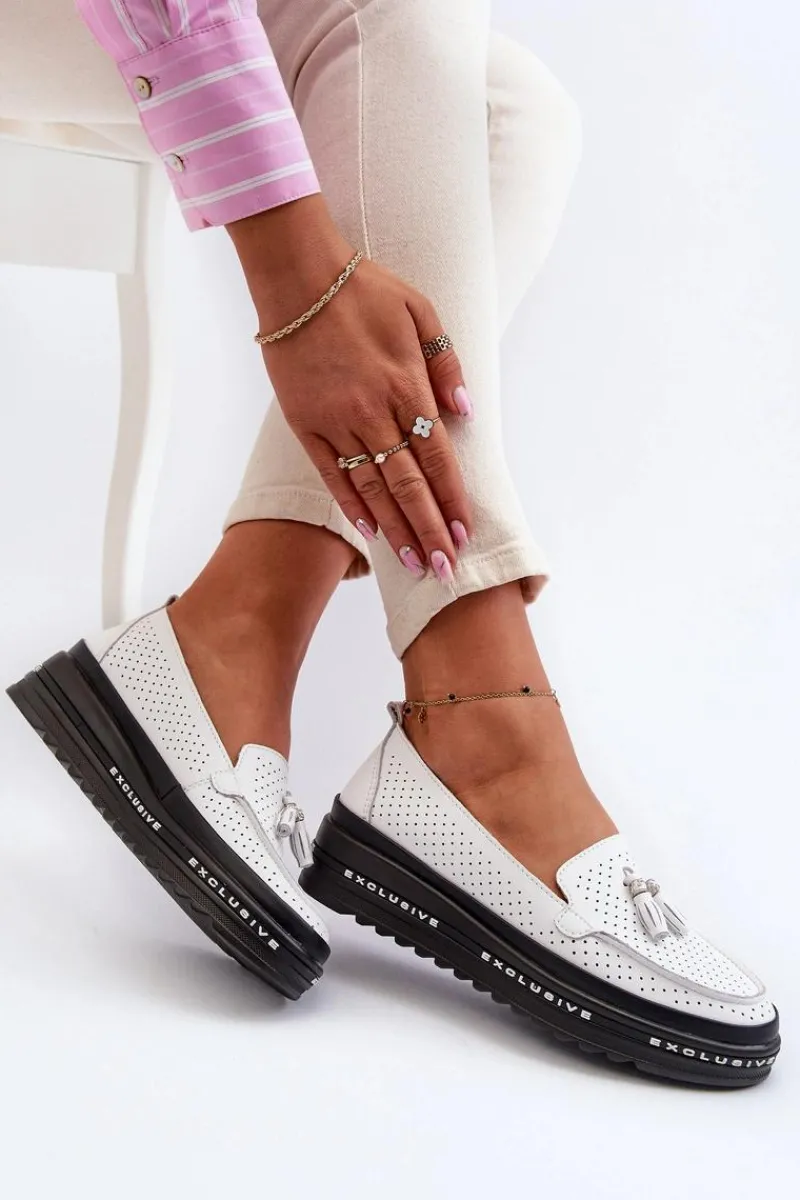 Online Evento Skórzane Mokasyny Damskie Na Platformie Białe Assetnima Biały