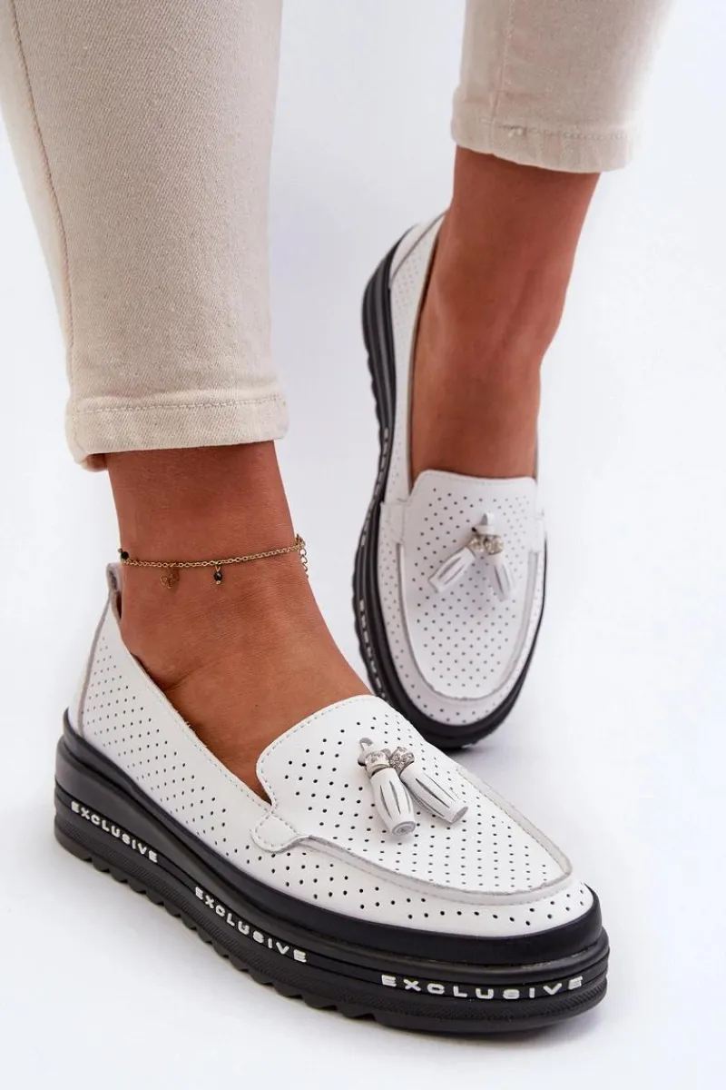 Online Evento Skórzane Mokasyny Damskie Na Platformie Białe Assetnima Biały