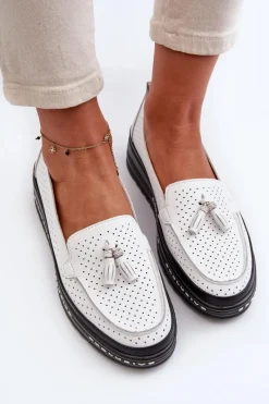 Online Evento Skórzane Mokasyny Damskie Na Platformie Białe Assetnima Biały
