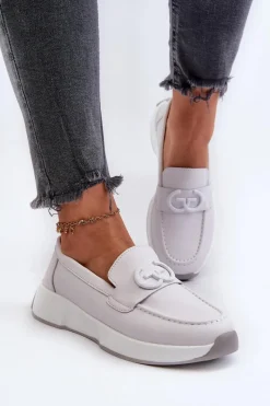 Loafersy Damskie|Mokasyny Damskie Skórzane>Damskie buty S.Barski Skórzane Mokasyny Damskie Na Platformie Jasnoszare S.Barski LR490 Szary