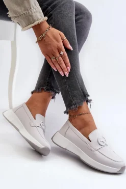 Loafersy Damskie|Mokasyny Damskie Skórzane>Damskie buty S.Barski Skórzane Mokasyny Damskie Na Platformie Jasnoszare S.Barski LR490 Szary
