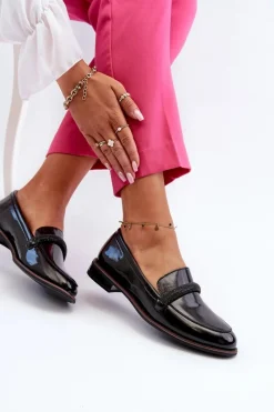 Sale Skórzane Mokasyny Damskie Z Ozdobnym Paseczkiem Lakierowane Czarne Saosin Damskie Półbuty Skórzane|Mokasyny Damskie Lakierowane