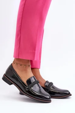 Sale Skórzane Mokasyny Damskie Z Ozdobnym Paseczkiem Lakierowane Czarne Saosin Damskie Półbuty Skórzane|Mokasyny Damskie Lakierowane