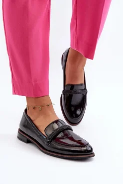 Sale Skórzane Mokasyny Damskie Z Ozdobnym Paseczkiem Lakierowane Czarne Saosin Damskie Półbuty Skórzane|Mokasyny Damskie Lakierowane