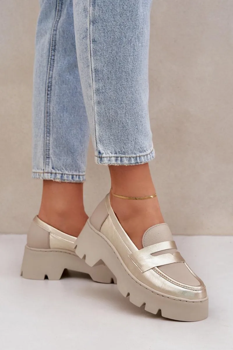 Online Skórzane Mokasyny Damskie Na Platformie I Płaskim Obcasie 20191 Złote Damskie Loafersy Damskie|Mokasyny Płaskie