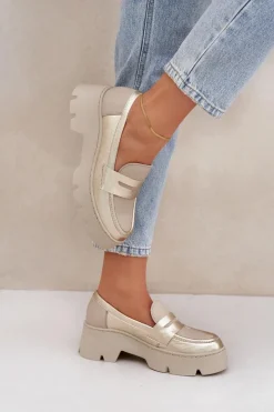 Online Skórzane Mokasyny Damskie Na Platformie I Płaskim Obcasie 20191 Złote Damskie Loafersy Damskie|Mokasyny Płaskie