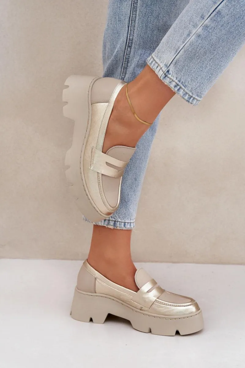 Online Skórzane Mokasyny Damskie Na Platformie I Płaskim Obcasie 20191 Złote Damskie Loafersy Damskie|Mokasyny Płaskie