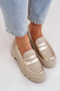 Online Skórzane Mokasyny Damskie Na Platformie I Płaskim Obcasie 20191 Złote Damskie Loafersy Damskie|Mokasyny Płaskie