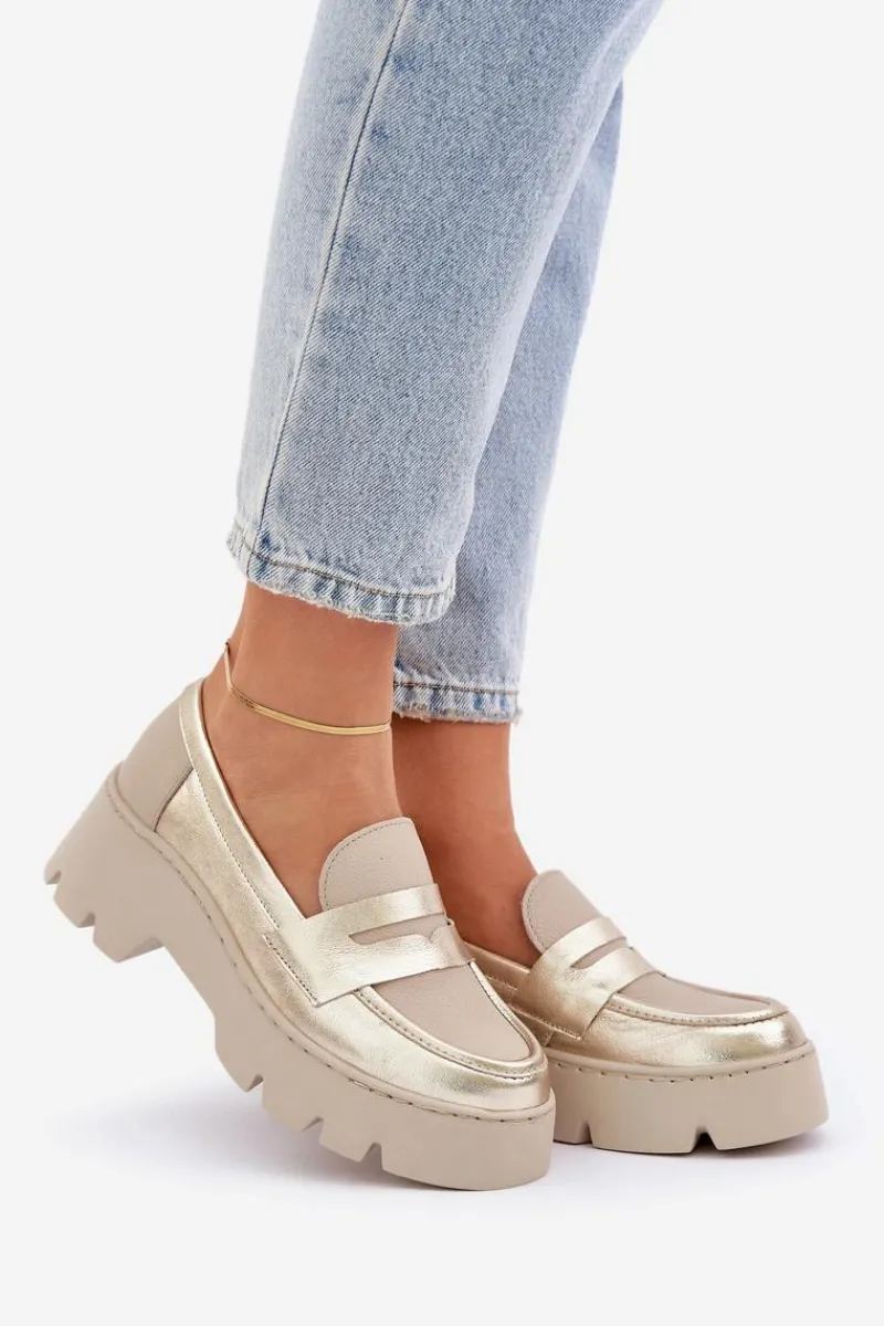 Online Skórzane Mokasyny Damskie Na Platformie I Płaskim Obcasie 20191 Złote Damskie Loafersy Damskie|Mokasyny Płaskie