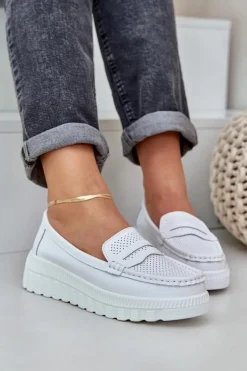 Discount Evento Skórzane Mokasyny Damskie Na Platformie I Koturnie Białe Elanindel Biały