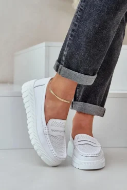 Discount Evento Skórzane Mokasyny Damskie Na Platformie I Koturnie Białe Elanindel Biały